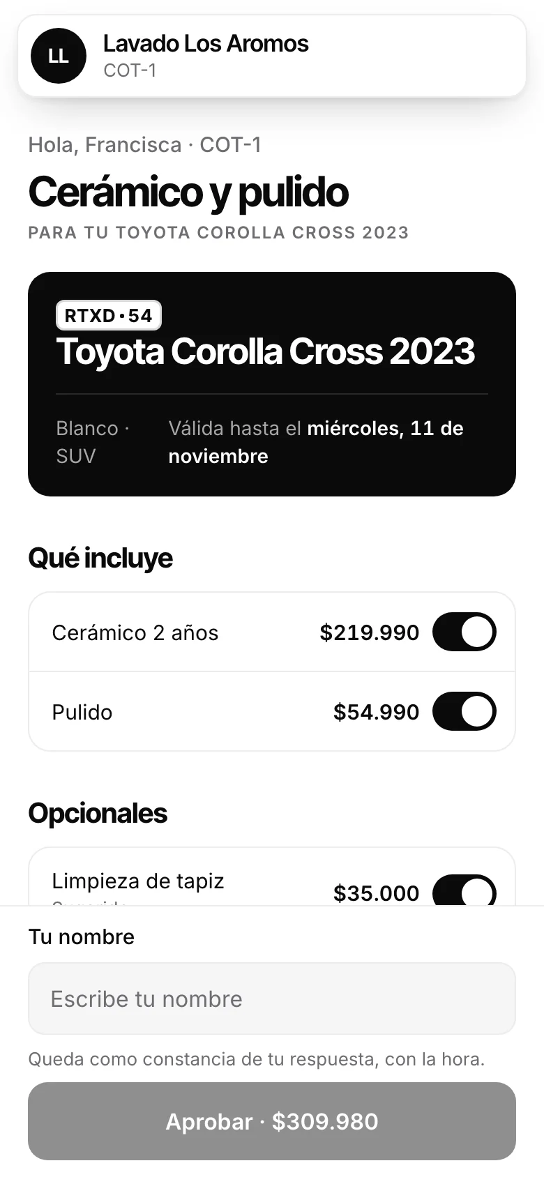 Cotización de cerámico y pulido que el cliente aprueba desde su celular en Automovity