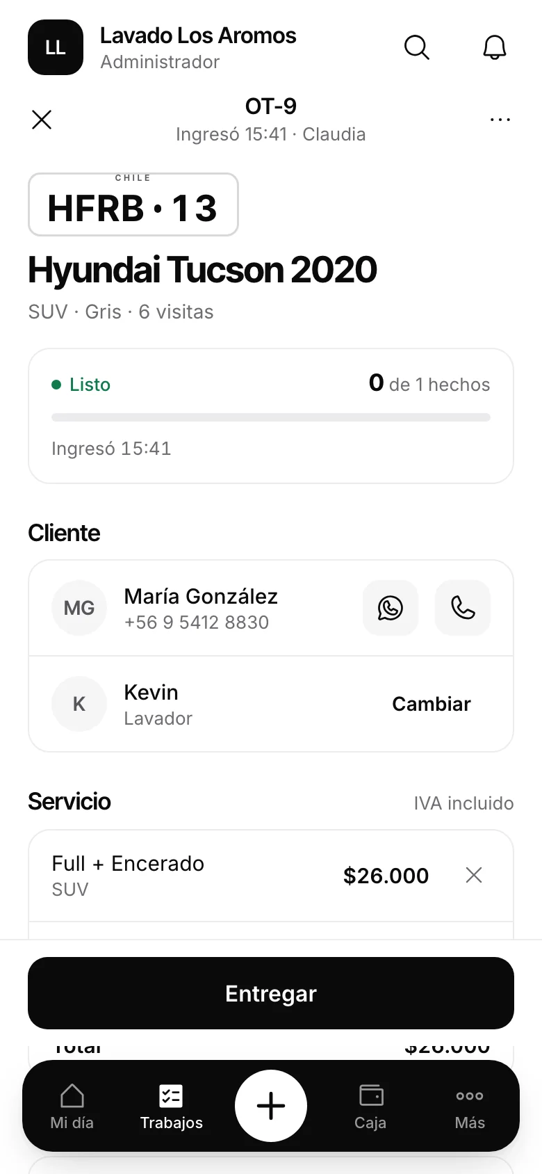 Orden de trabajo del Hyundai Tucson HFRB·13 en la app de Automovity, lista para entregar