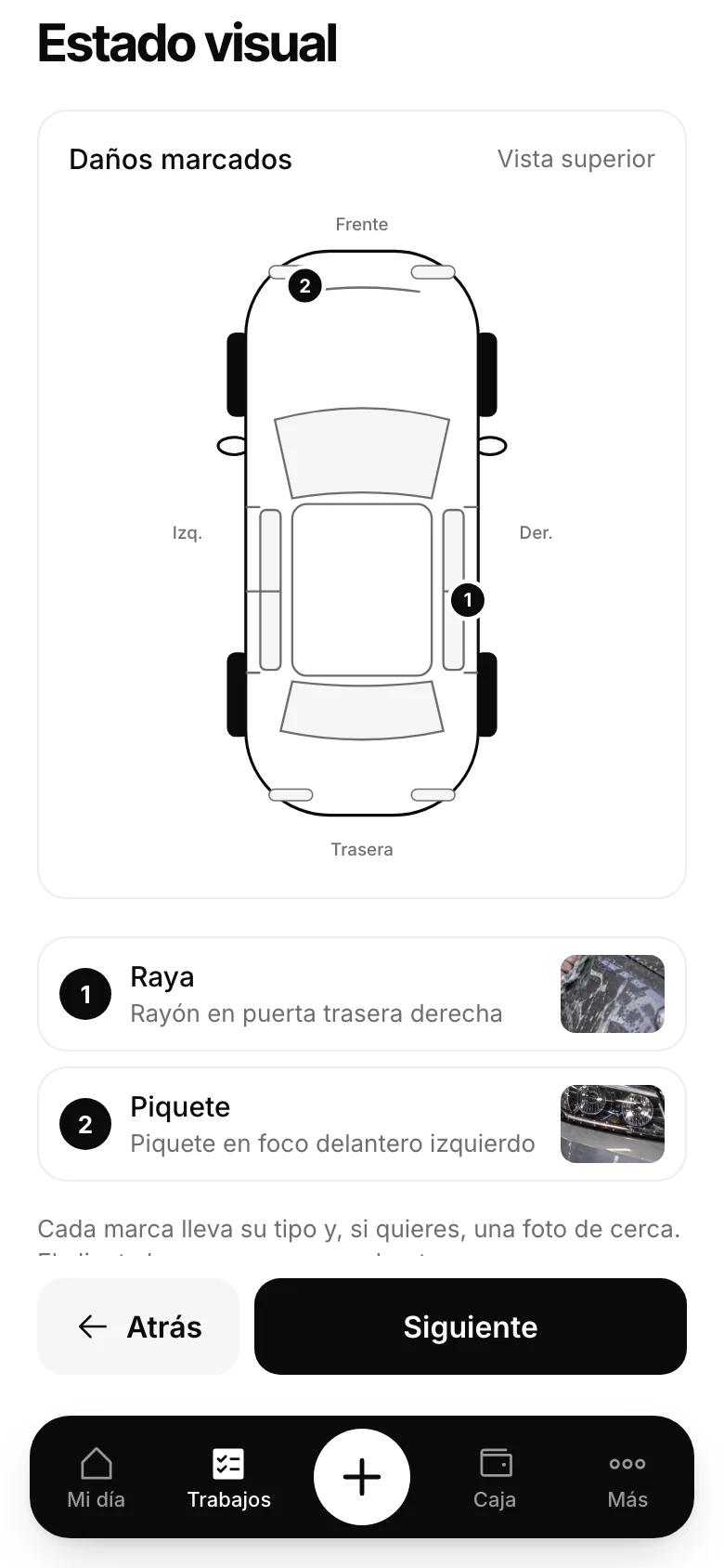 Recepción en Automovity: daños marcados en el esquema del auto, con foto